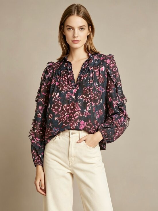 Ulla Johnson Tops - NWOT Ulla Johnson Silk Blend Ruffle Sleeve Floral Blouse Top Sz 2 Long sleeve